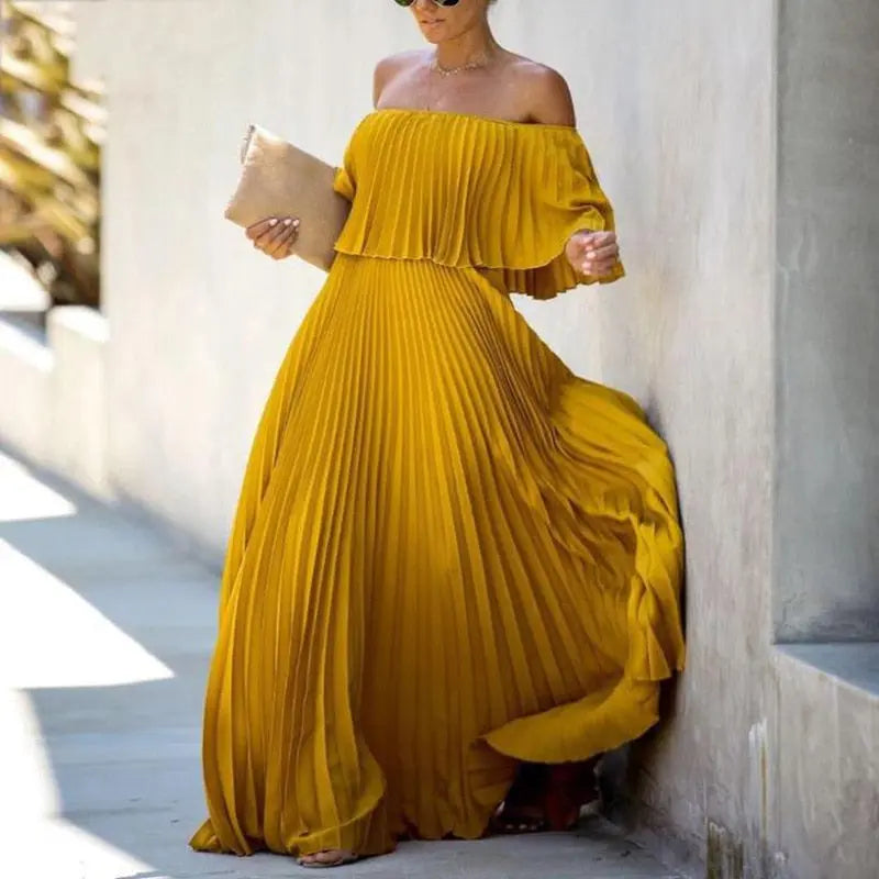 Off Shoulder Slash Pleated Maxi Dress - Toshe Women's Fashions