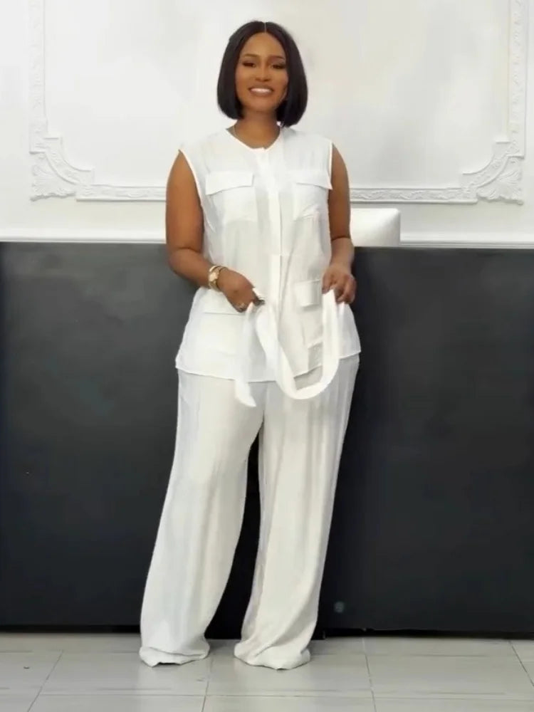 Pocket Detail Sleeveless Cardigan Vest & Wide Leg Pant Set