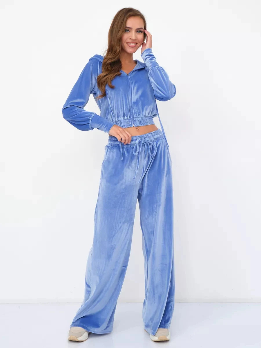 Velvet Hooded Zipper Jacket & Wide-Leg Pants Set – Luxe Two-Piece Loungewear Outfit