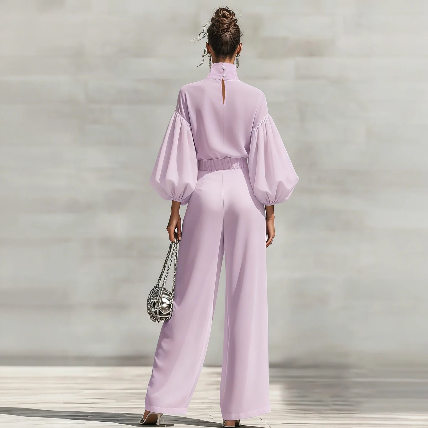 Chiffon High-Neck Lantern Sleeves & Wide Leg Pants Set