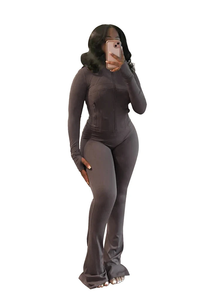 Mock Neck Zipper Fitted Top & Flared Pants Set – Sleek 2-Piece Athletic Lounge Outfit