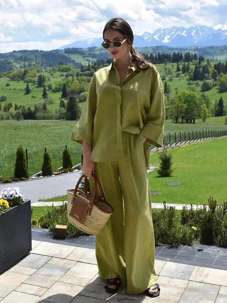 Linen Collared Single-Breasted Shirt & Pocketed Wide Leg Pant Set