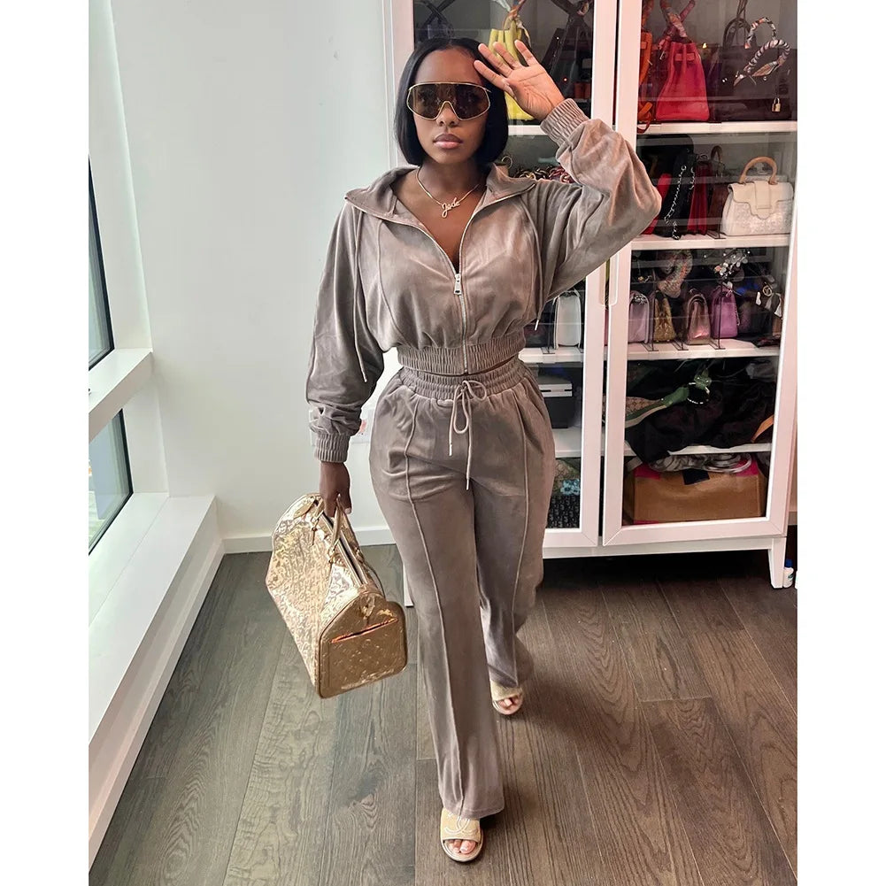 Zipper Front Crop Jacket and Straight Leg Tracksuit