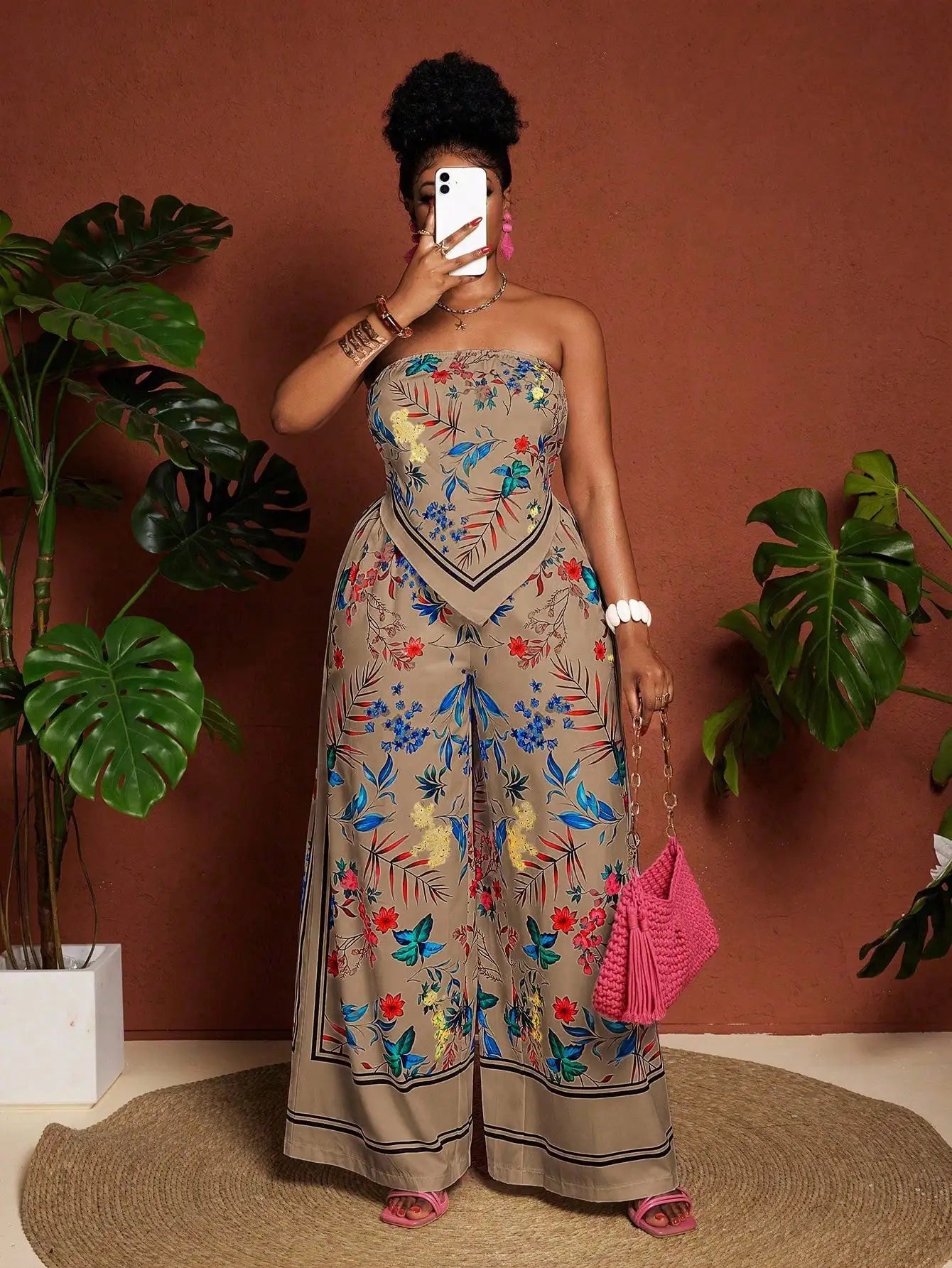 Floral Bandeau Top & Wide Leg Pants Set