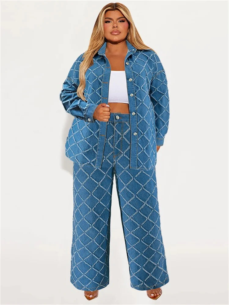 Diamond Detail Buttoned Long Sleeve & Denim Pants Set