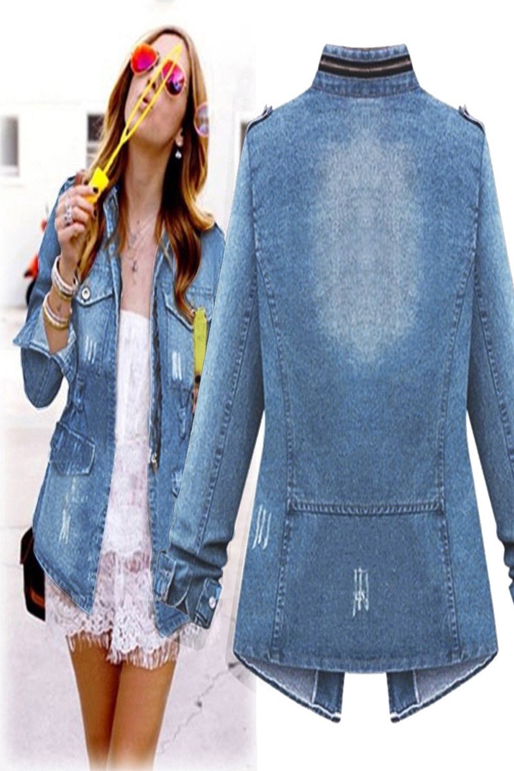 Denim Distressed Pocketed Jacket