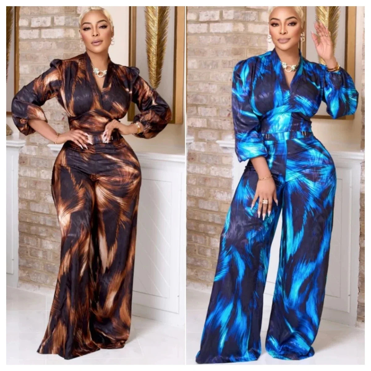 Tie Dye Printed Wrap Blouse and Wide Leg Pants Sets - Toshe Women's Fashions