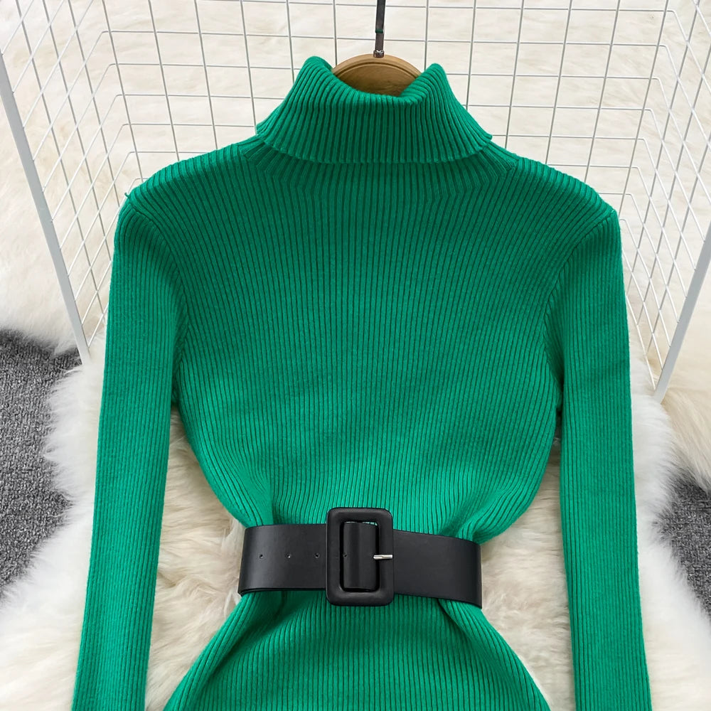 Knitted Turtleneck Sweater Bodycon Dress with Belt