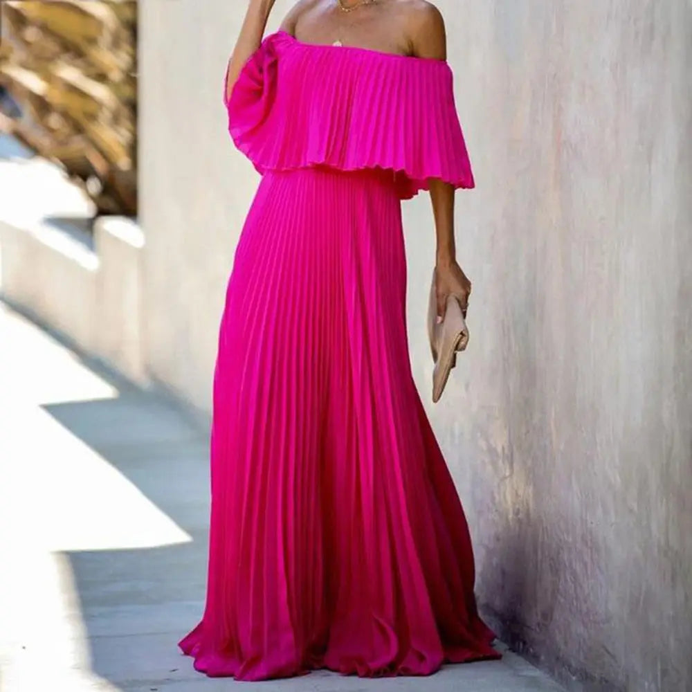 Off Shoulder Slash Pleated Maxi Dress - Toshe Women's Fashions