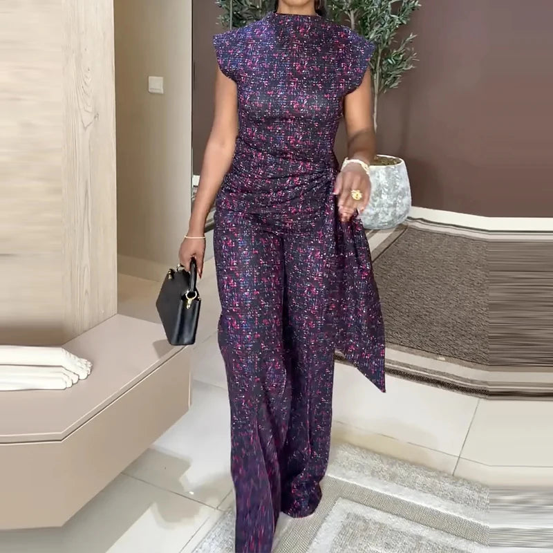 Vintage Purple Print Sleeveless and Pants Set