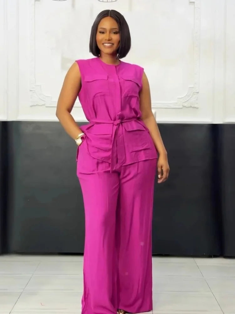 Pocket Detail Sleeveless Cardigan Vest & Wide Leg Pant Set