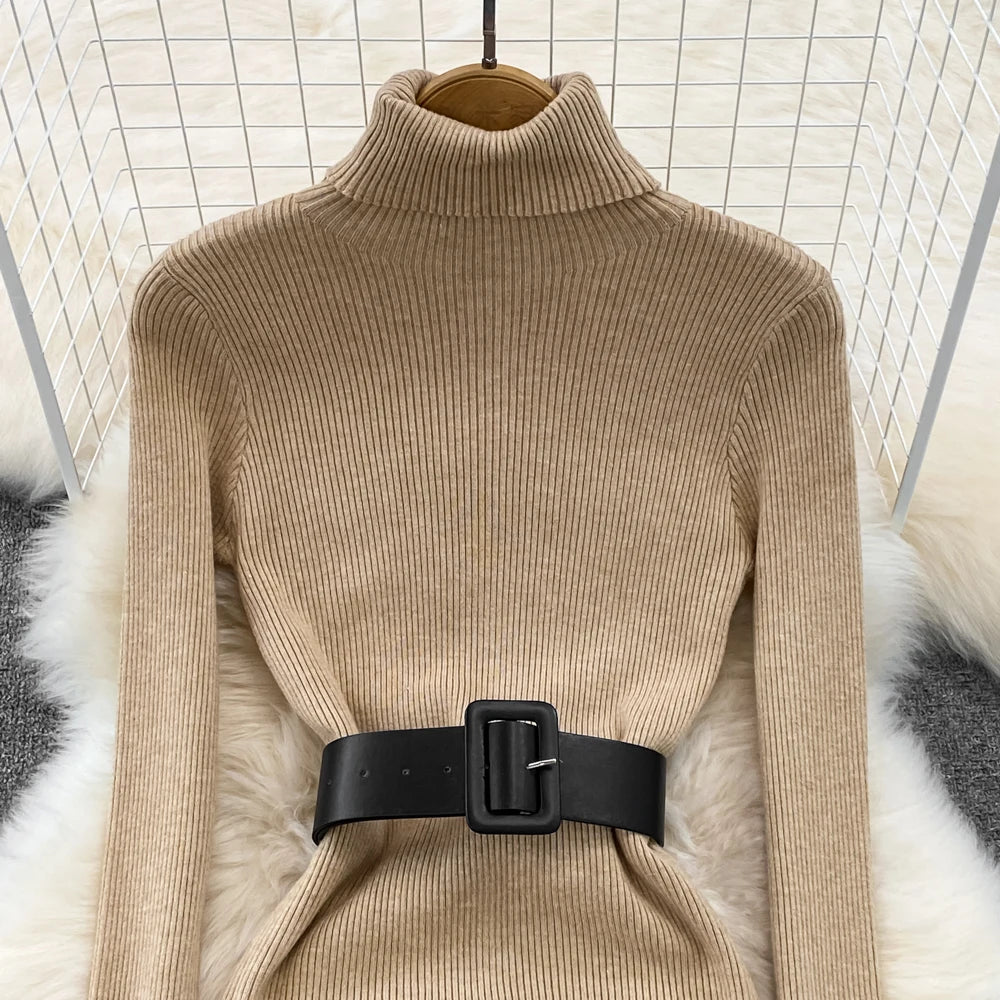 Knitted Turtleneck Sweater Bodycon Dress with Belt