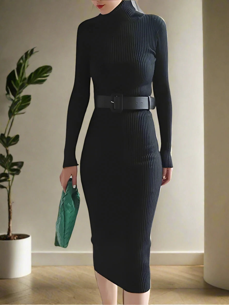 Knitted Turtleneck Sweater Bodycon Dress With Belt Toshe Women's Fashions