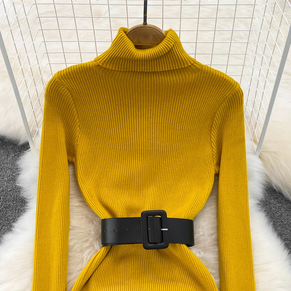 Knitted Turtleneck Sweater Bodycon Dress with Belt