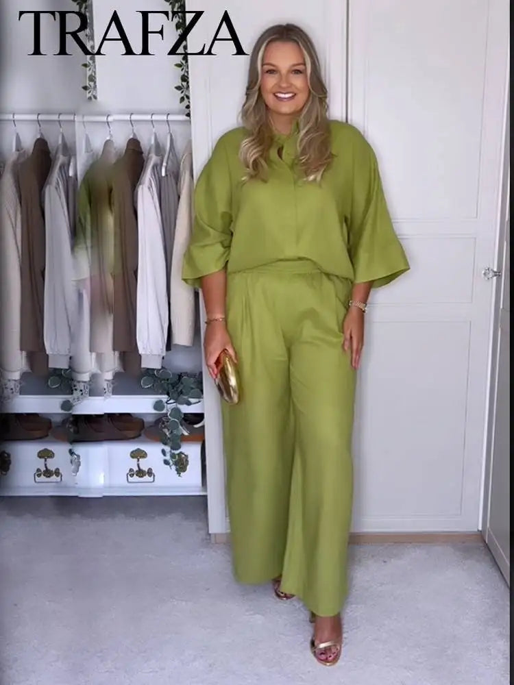 Linen Collared Single-Breasted Shirt & Pocketed Wide Leg Pant Set