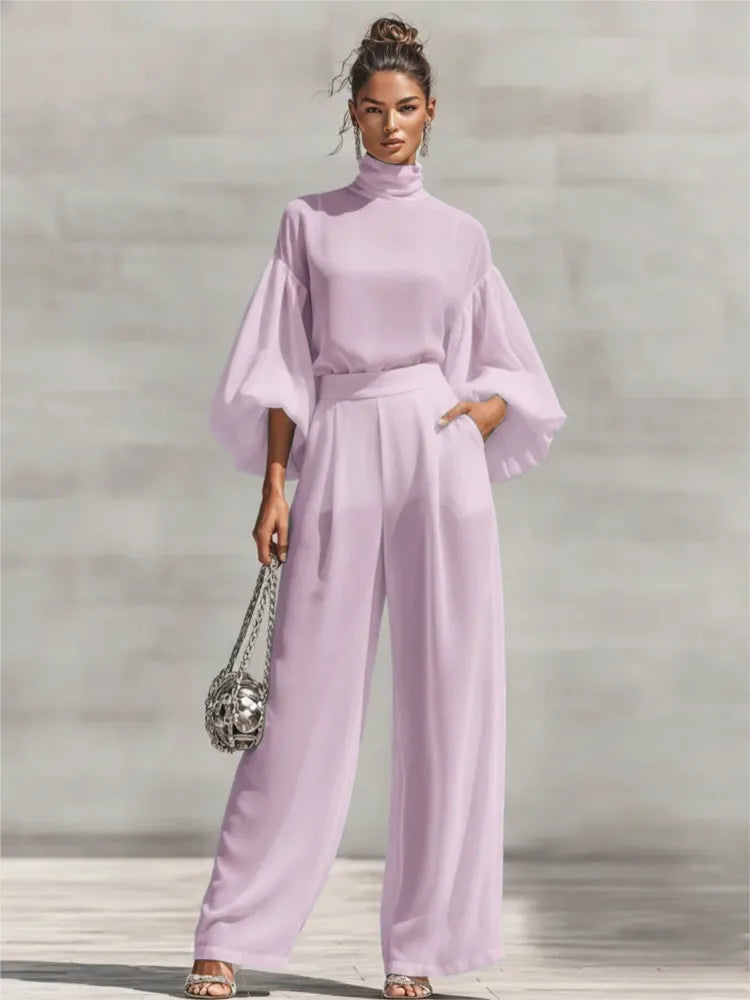 Chiffon High-Neck Lantern Sleeves & Wide Leg Pants Set