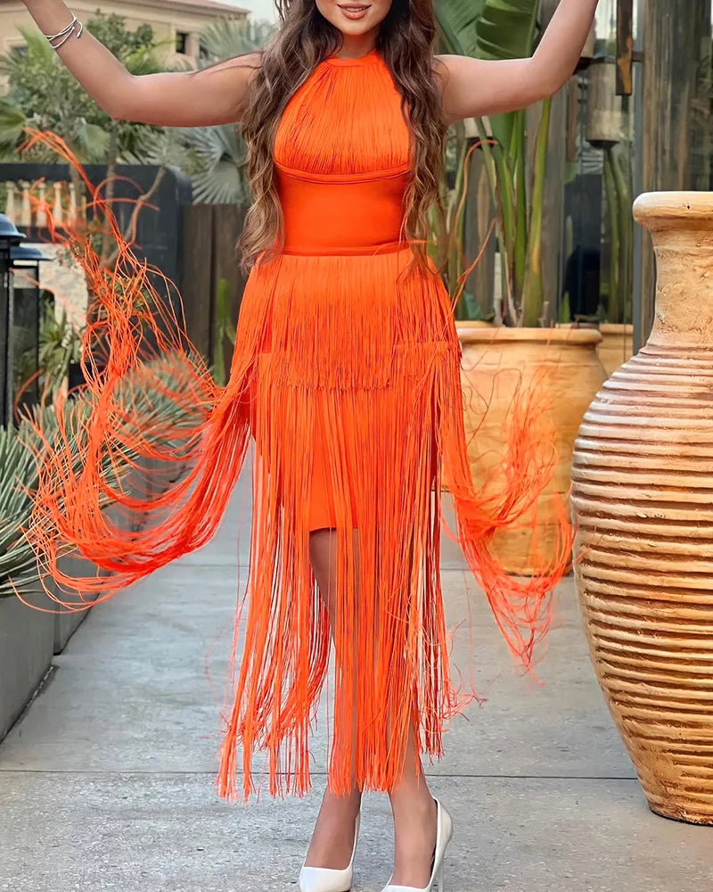 Orange Halter Collar with Open Back Tassel Dress