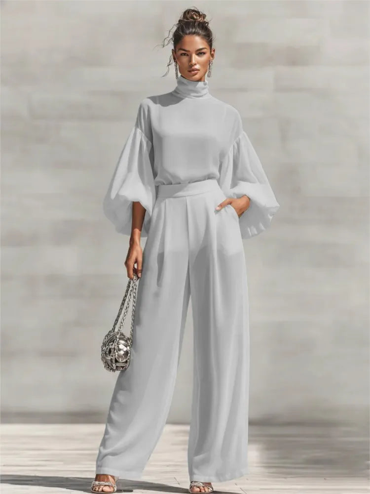 Chiffon High-Neck Lantern Sleeves & Wide Leg Pants Set