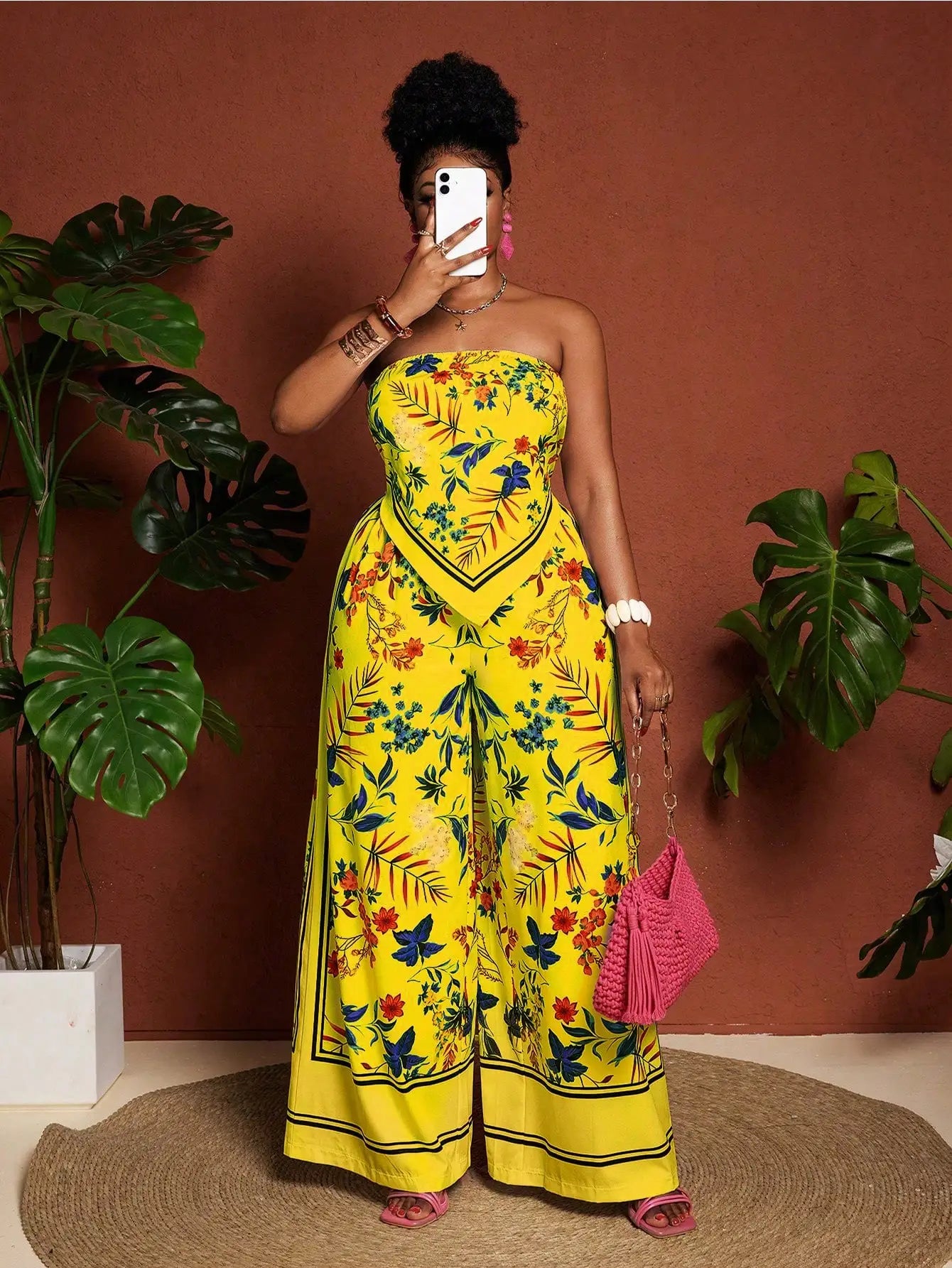 Floral Bandeau Top & Wide Leg Pants Set