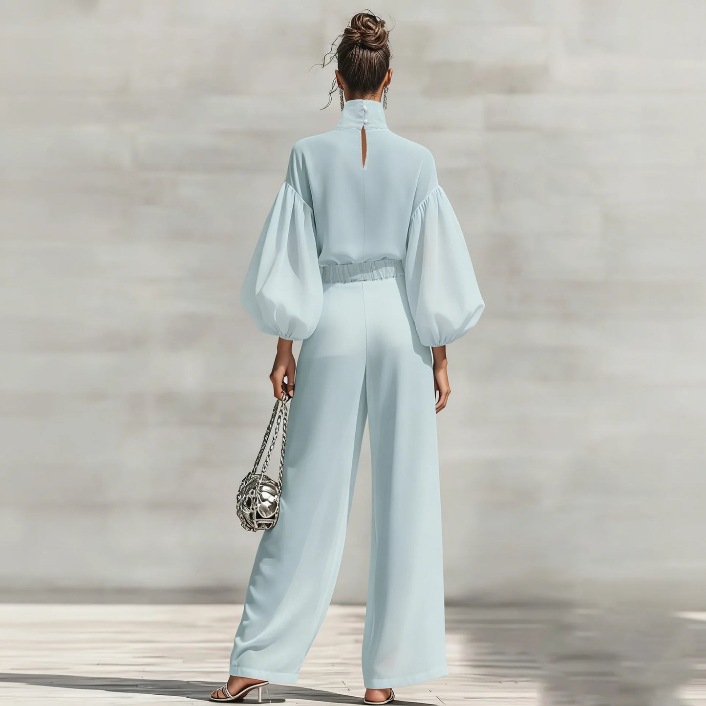 Chiffon High-Neck Lantern Sleeves & Wide Leg Pants Set