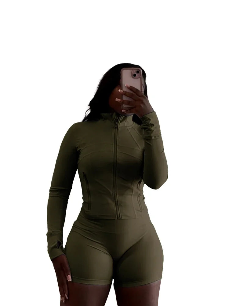 Mock Neck Zipper Fitted Top & Flared Pants Set – Sleek 2-Piece Athletic Lounge Outfit