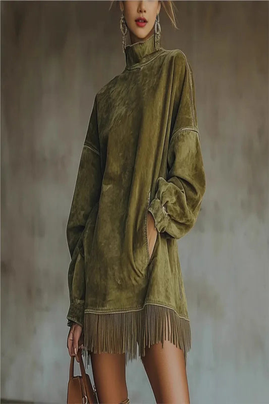 Retro Faux Suede Tassel High Collar Dress – Chic Western-Inspired Fringe Mini Dress