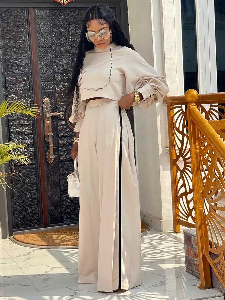Beige Crop Top & High-Waist Wide-Leg Pants Set – Two-Piece Tailored Suit for Women