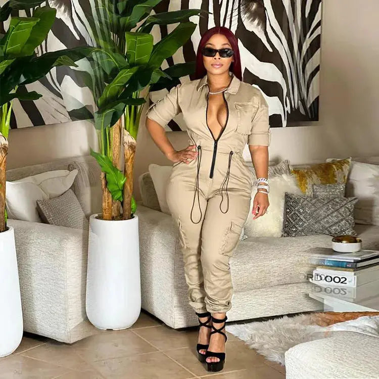 Tight Waist Jumpsuits Women Work Overalls Casual Half Sleeve One Piece Pocket Long Cargo Pants Rompers Long aliexpress