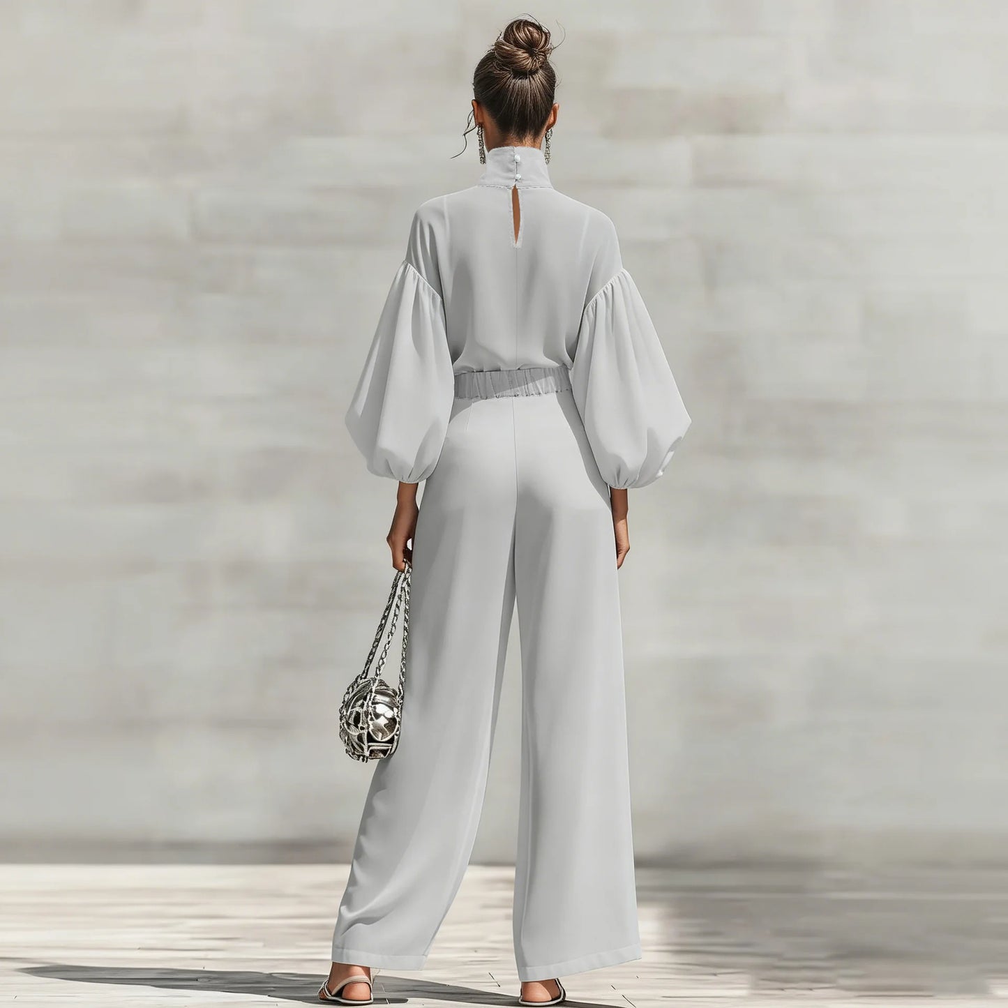 Chiffon High-Neck Lantern Sleeves & Wide Leg Pants Set