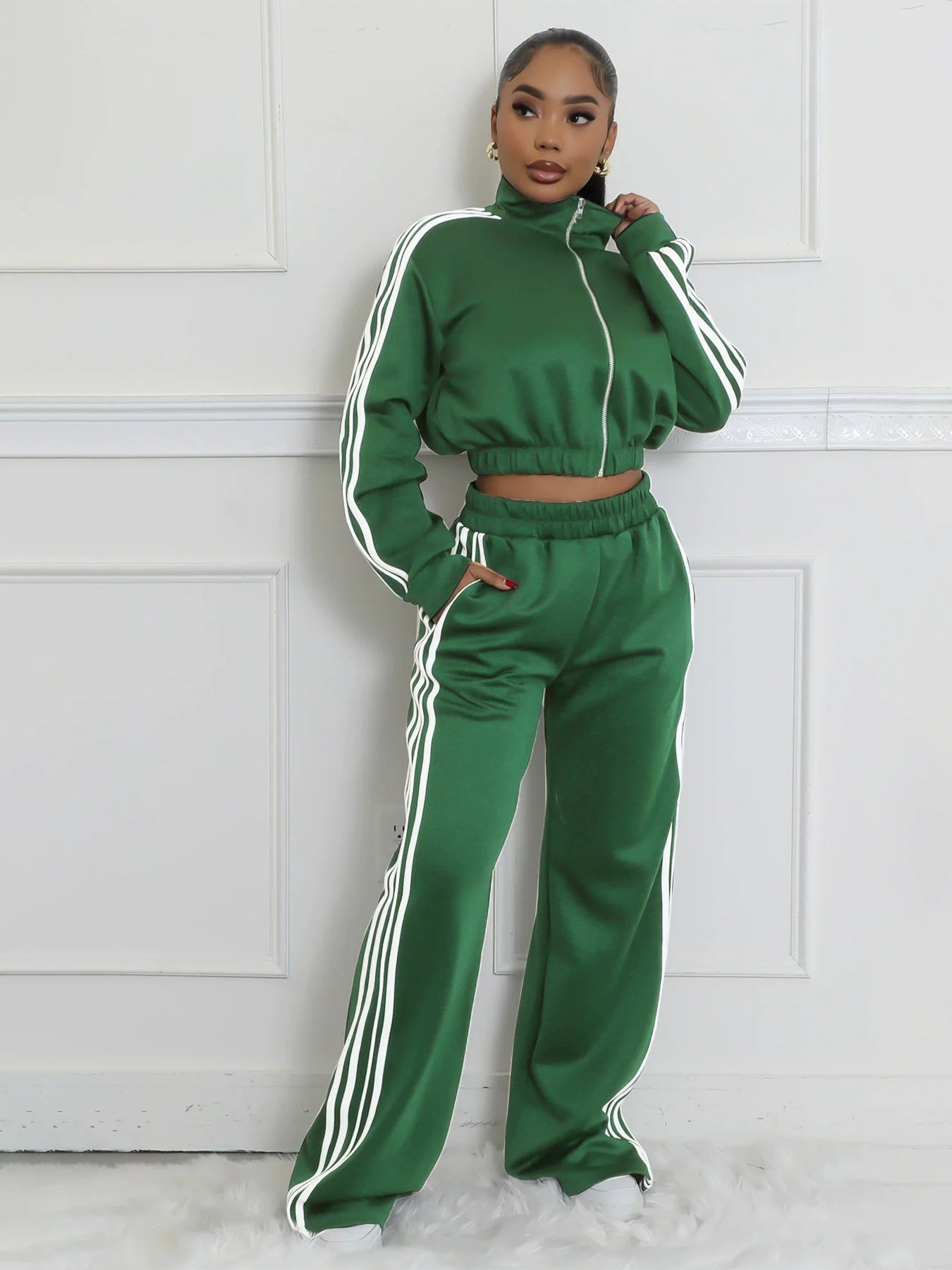 Striped Cropped Sweatshirt & Straight Pants Set