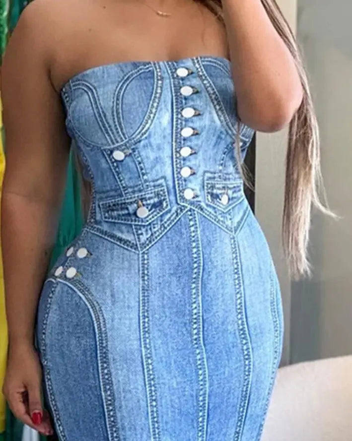 Women's Urban Suits Denim Look Print Bandeau Bodycon Dress 2024 Summer Latest Casual Sleeveless All Over Print Skinny Skirt aliexpress