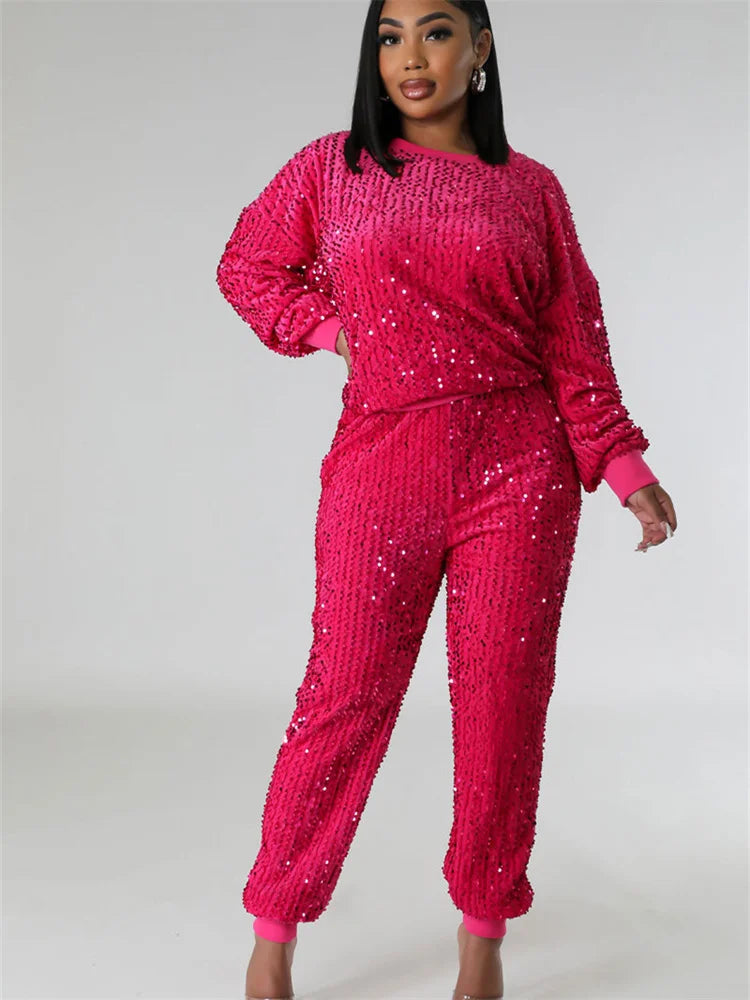 Sequins Long Sleeve Top and Cargo Pants - Toshe Women's Fashions