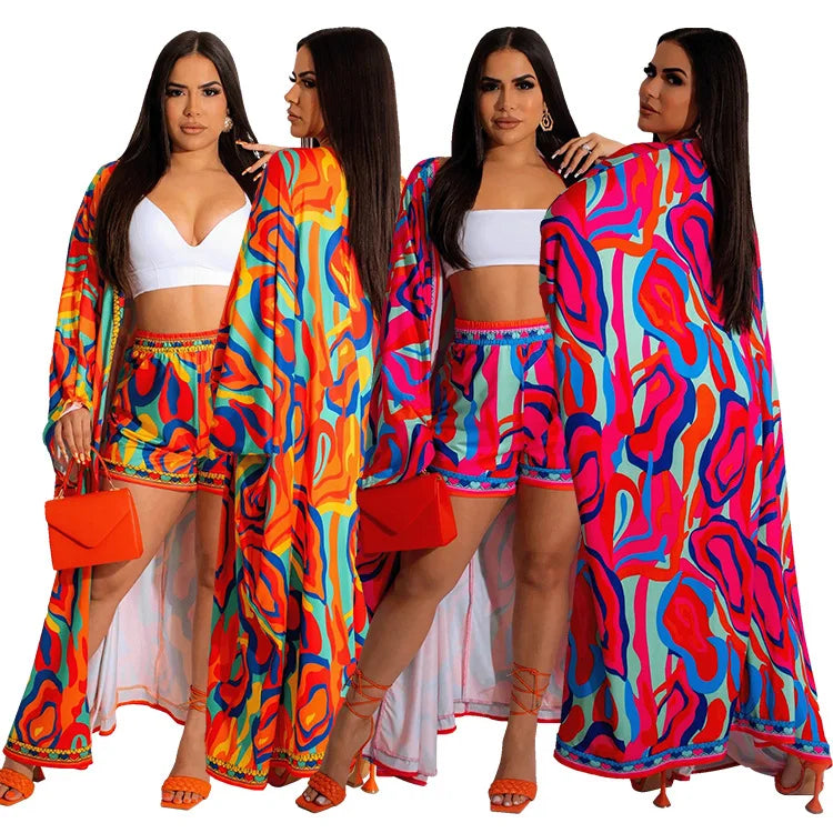 Colorful Long Cardigan and Shorts Set - Toshe Women's Fashions