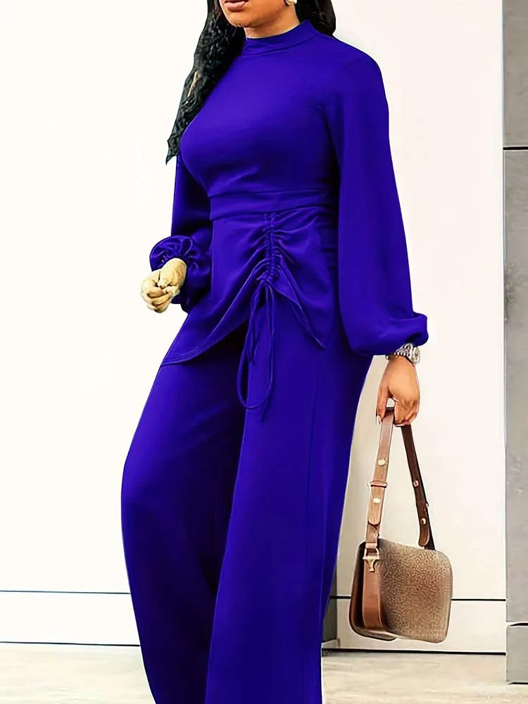 Front Side Tie Lantern Sleeve Top and Wide Leg Pants Set
