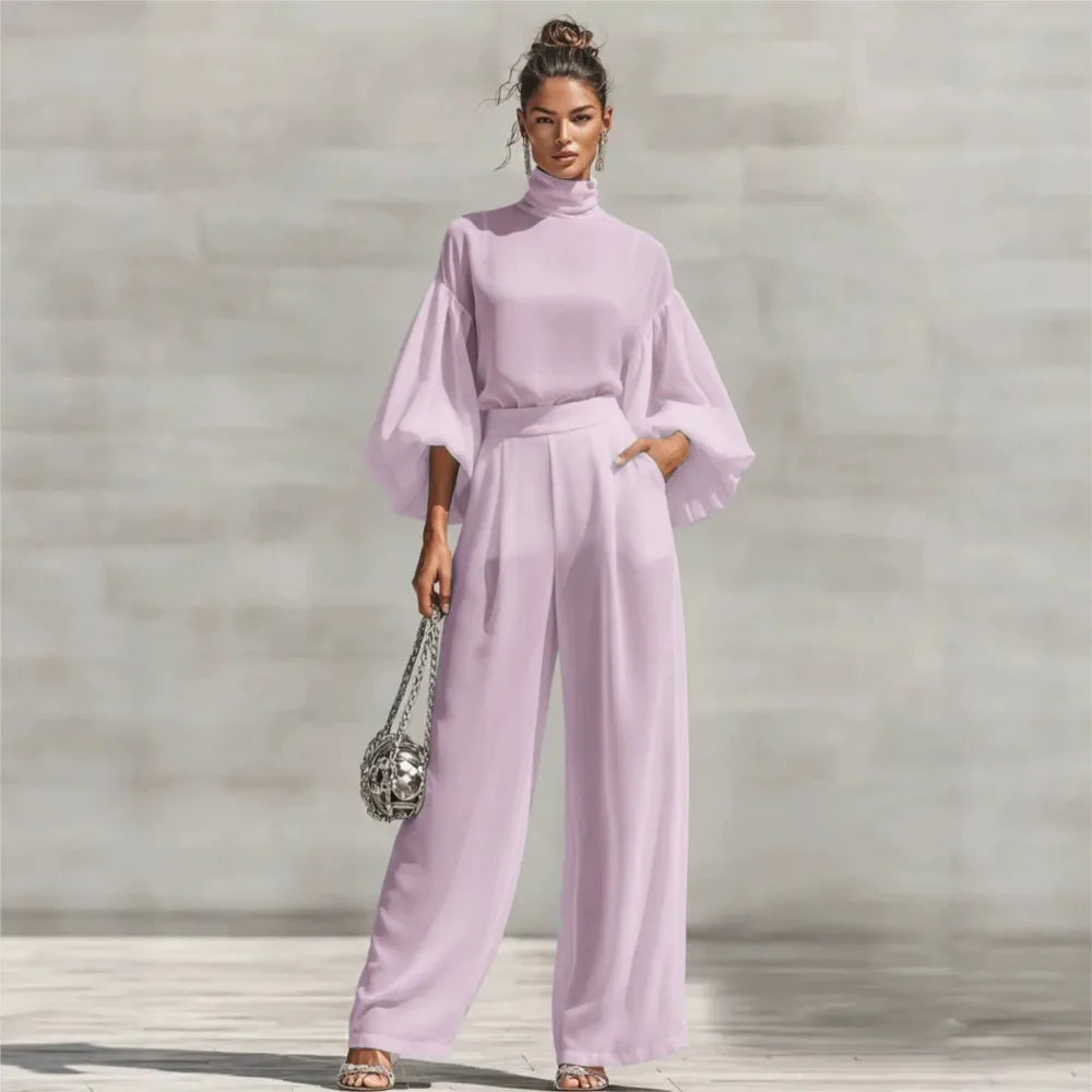 Chiffon High-Neck Lantern Sleeves & Wide Leg Pants Set