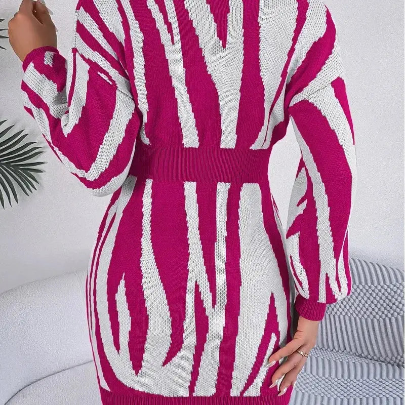 Autumn and Winter V-neck Stripe Long Sleeve Wrap Hip Sweater Dress aliexpress