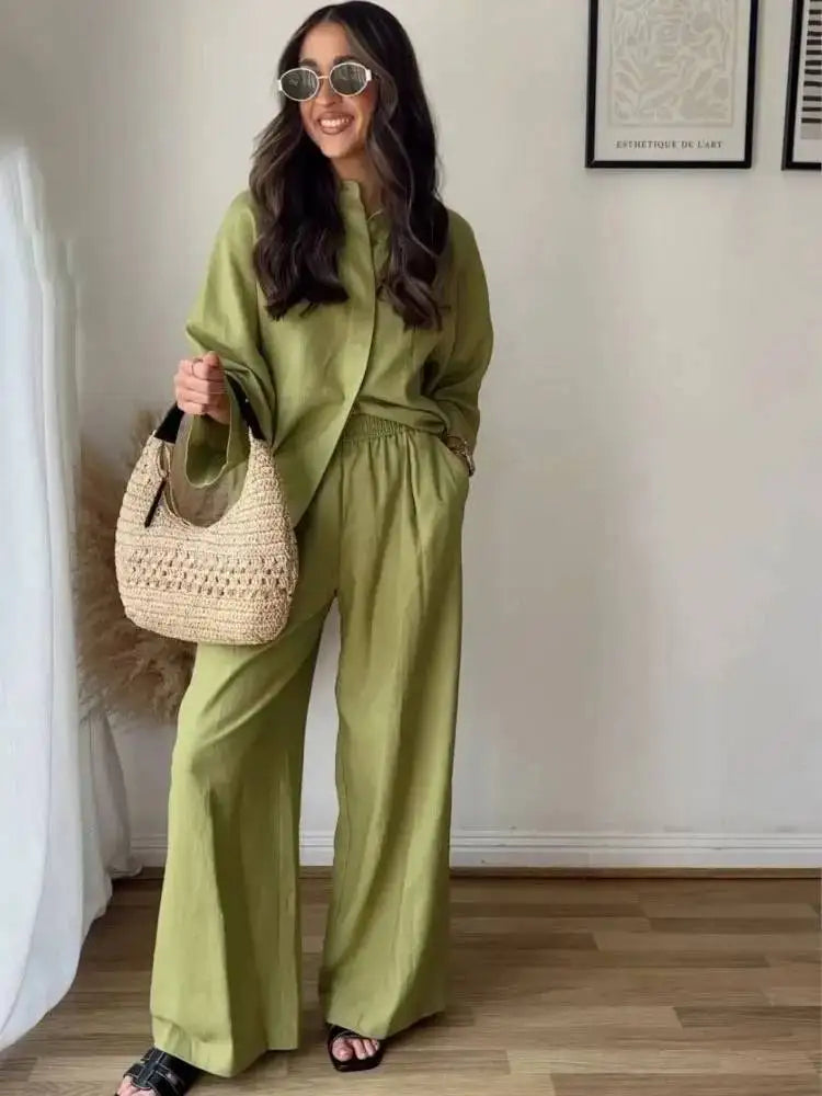 Linen Collared Single-Breasted Shirt & Pocketed Wide Leg Pant Set