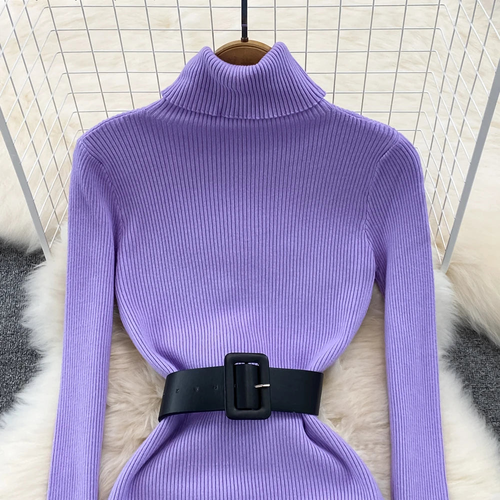 Knitted Turtleneck Sweater Bodycon Dress with Belt