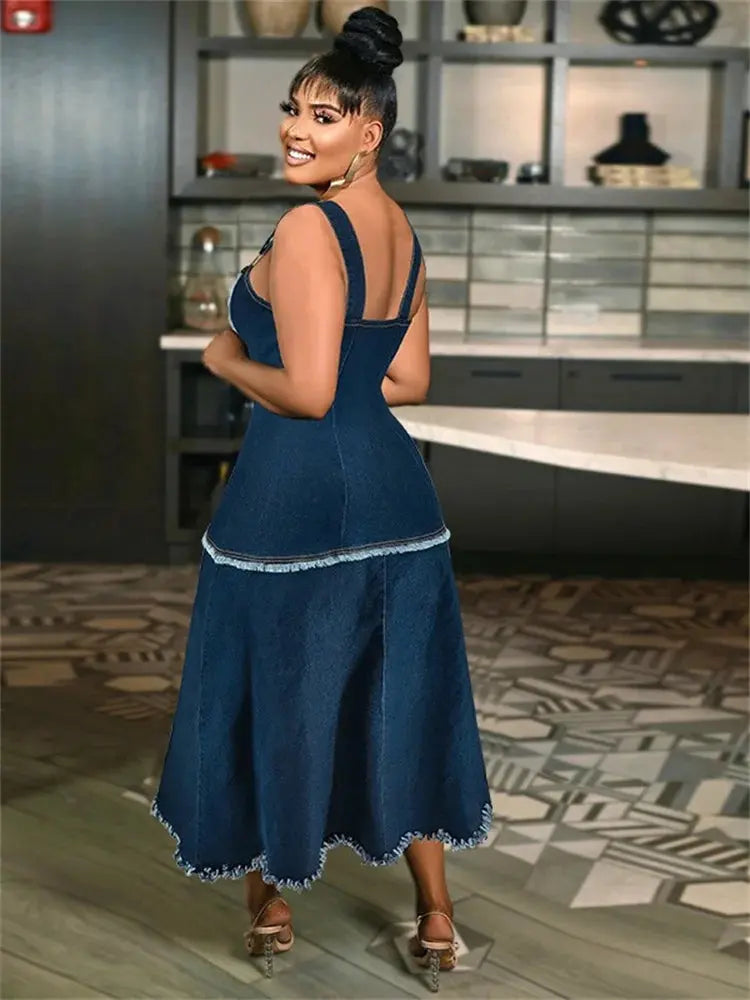 Denim Plus Size Dresses   Summer Solid Slip Sleeveless  Elegant Tassel Maxi Dress aliexpress