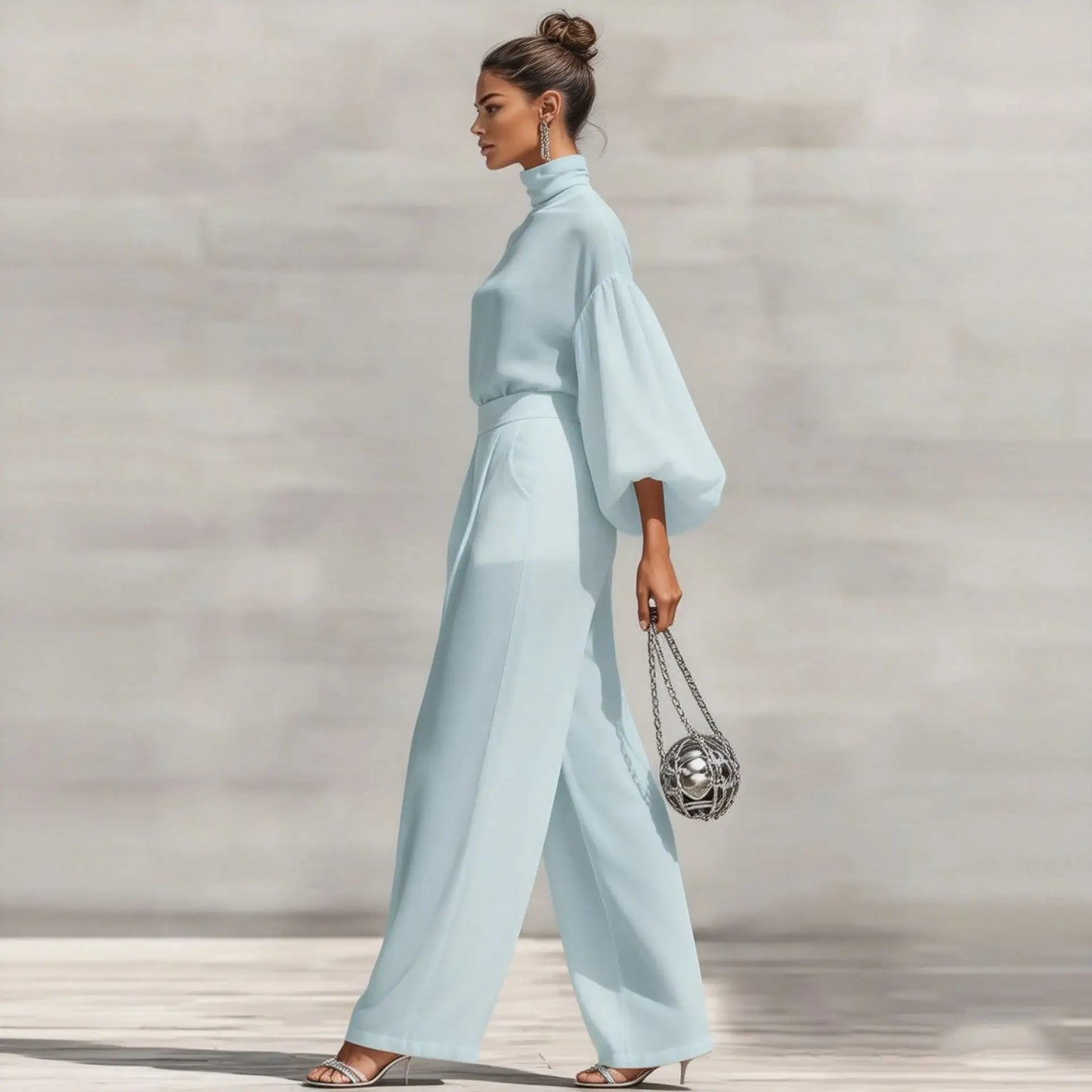 Chiffon High-Neck Lantern Sleeves & Wide Leg Pants Set