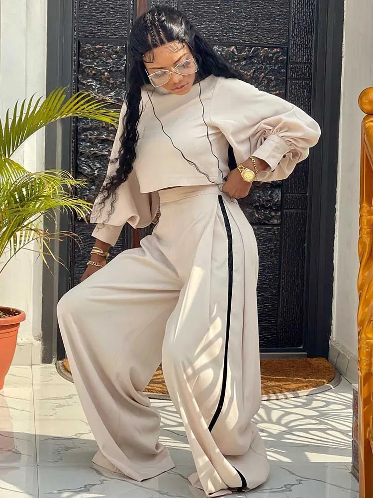 Beige Crop Top & High-Waist Wide-Leg Pants Set – Two-Piece Tailored Suit for Women