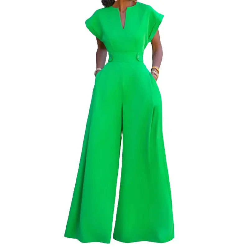 V-Neck Cap Sleeve Waist Accented Wide Leg Jumpsuit Ali Express