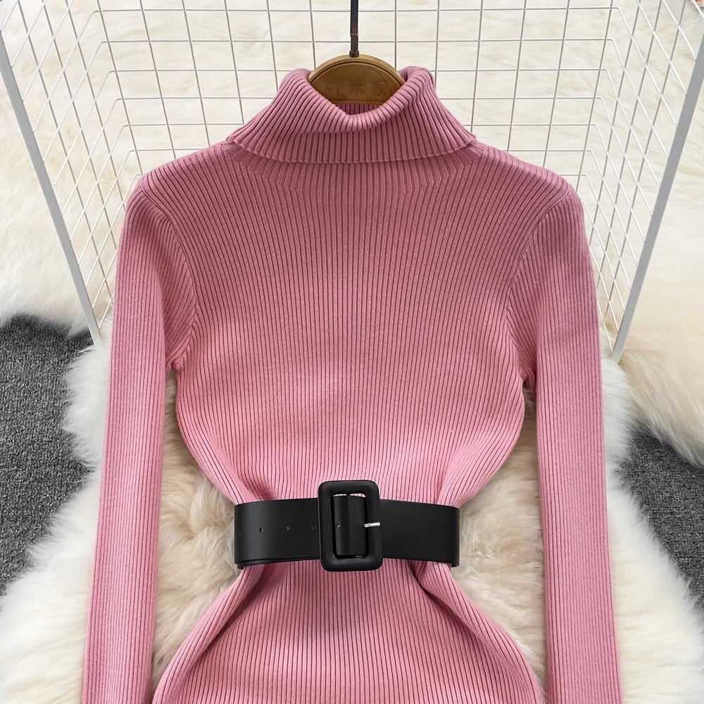 Knitted Turtleneck Sweater Bodycon Dress with Belt