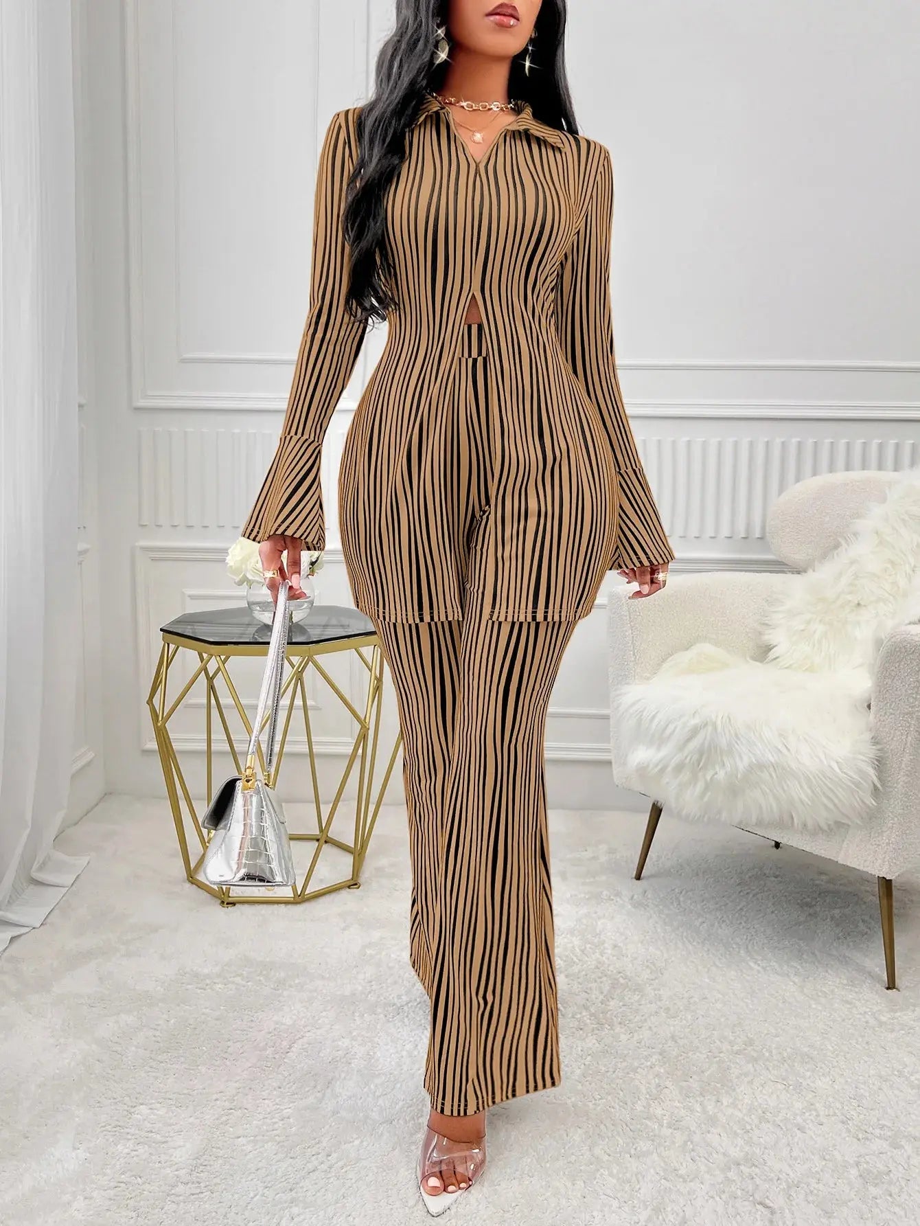 2 Piece Set Long Sleeve Striped Shirts High Waist Pants Matching Set 2024 Autumn Streetwear Office Lady Outfits aliexpress