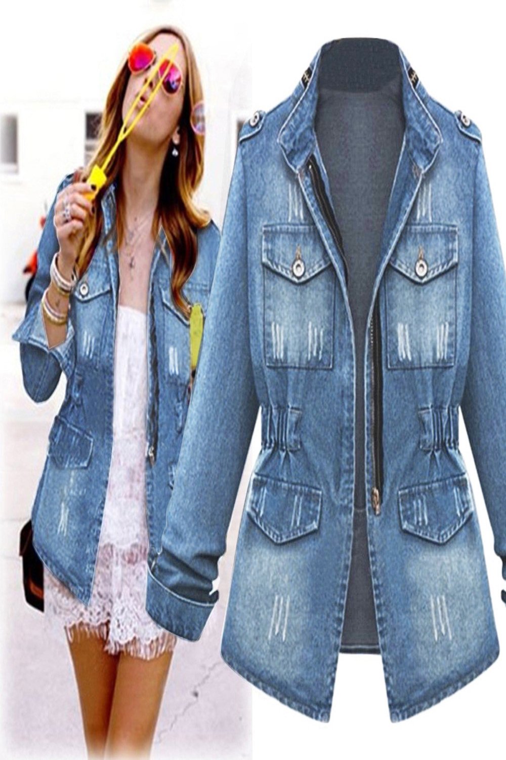 Denim Distressed Pocketed Jacket