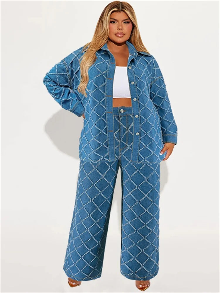 Diamond Detail Buttoned Long Sleeve & Denim Pants Set