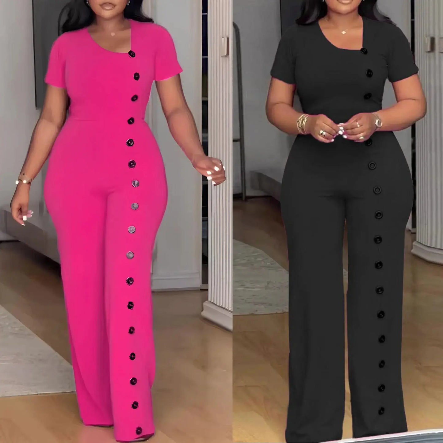 Irregular Collar Buttoned Front Wide Leg Jumpsuit Toshe Women's Fashions