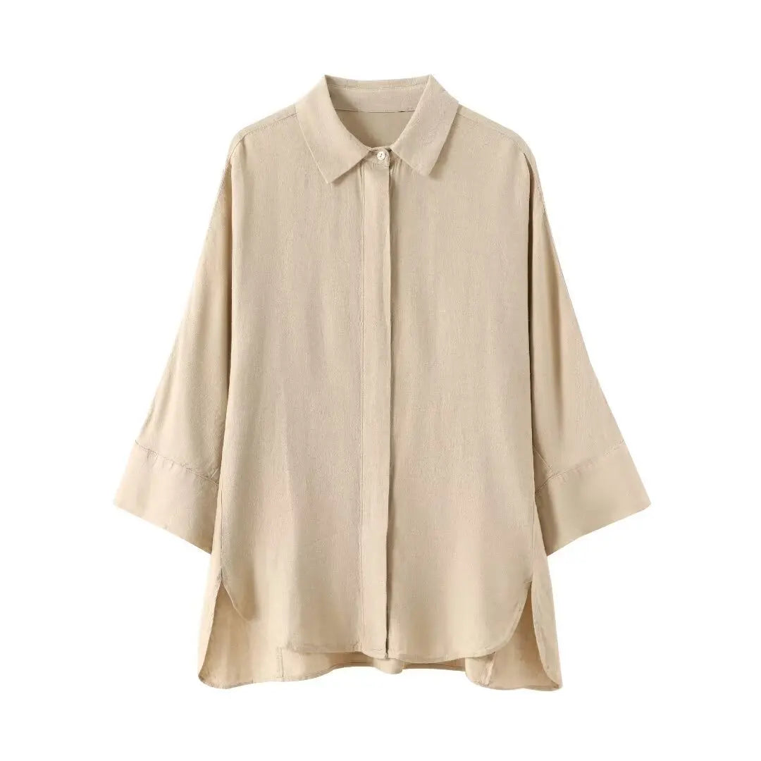 Linen Collared Single-Breasted Shirt & Pocketed Wide Leg Pant Set