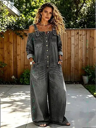 Off Shoulder Denim Wide Leg Jumpsuit w/Pockets