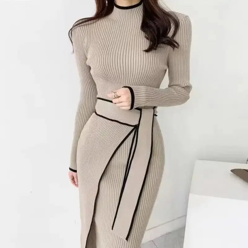 Knitted Bodycon Dress  Autumn Winter Half High Collar Lace Up Elegant Sweater Dresses aliexpress